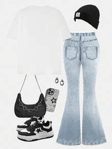 SHEIN 2 pezzi/set Outfit casual per ragazze adolescenti, composto da maglietta a maniche corte con scollo rotondo e stampa di cuori e facce sorridenti, e pantaloni a zampa, adatto per estate, autunno, casa, all'aperto, fotografia di strada, campus - Multicolore - Visualizzare 2