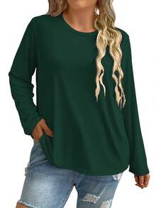 Kaos Lengan Panjang Wanita Ukuran Besar Warna Polos Leher Bulat Longgar Kasual Minimalis untuk Perjalanan Sehari-hari, Atasan Hijau, Musim Semi/Gugur - Dark Green - View 1