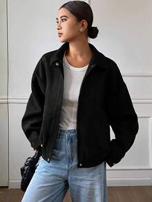 DAZY Loose Casual Brown Short Jacket Coat, Autumn/Winter - Black - View 5