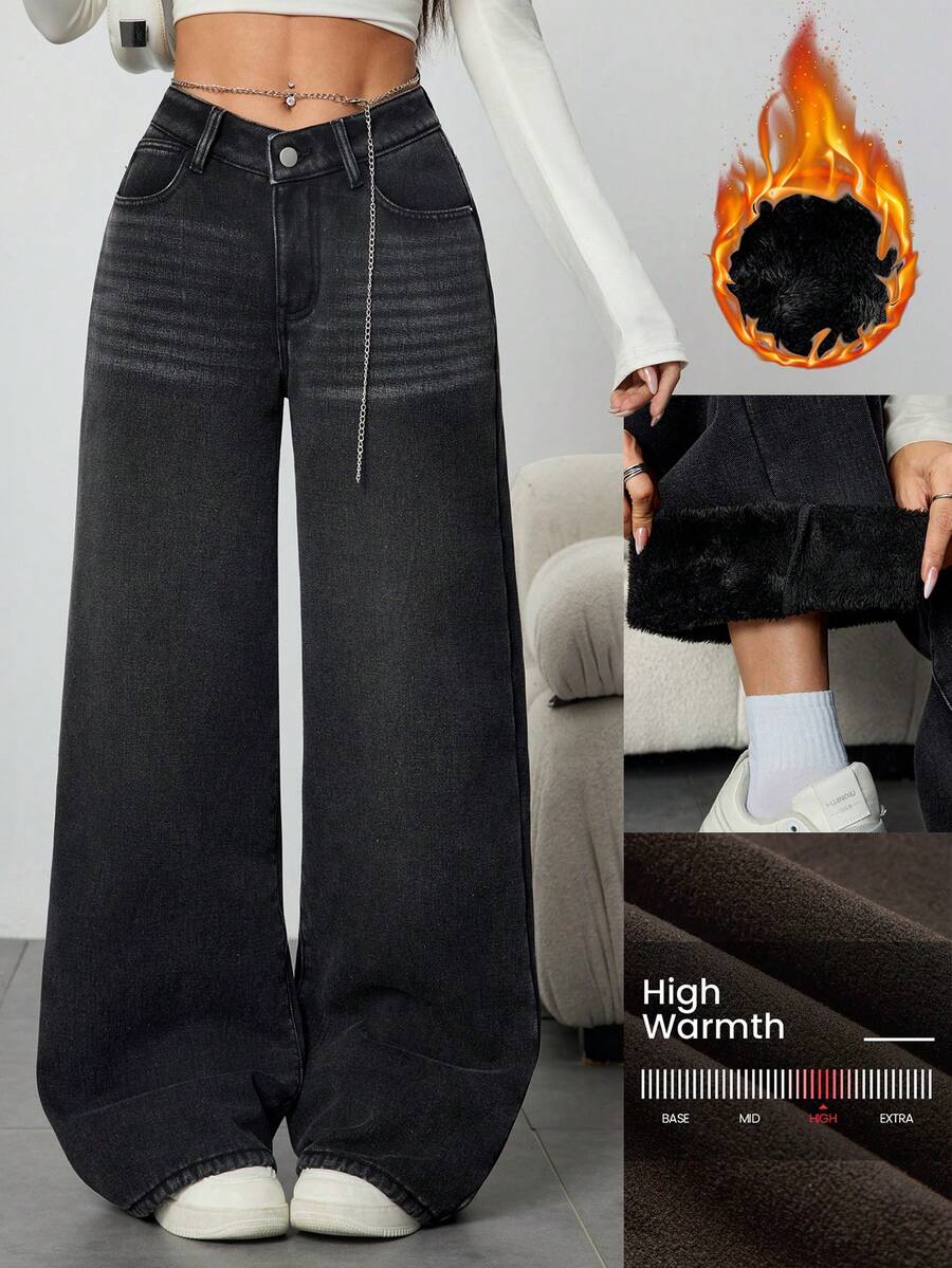 SHEIN ICON 休闲水洗V字低腰阔腿牛仔裤 - 黑色 - 查看 1