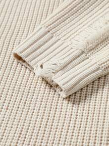 Chillumni Solid Color Casual Crew Neck Sweater For Men, Suitable For Everyday Wear Men Knit Sweater Frayed Knit Sweater Distressed Sweater Waffle Knit Sweater Knitwear Back To School Long Sleeve Knit Sweater Distressed Sweater Men Streetwear Men Cream Sweater , Fall Winter