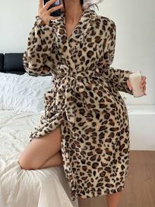 SHEIN Women's Casual Leopard Print Coral Fleece Robe, Thickened Fluffy Cheetah Print Robe, Winter, Cozy - Multicolor - View 1