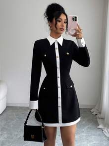 Elenzga Elegant Back To School Cocktail Party Date Night Office Commute Women's Slim Fit Color Block Button Decor Shirt Collar Long Sleeve Mini Dress, Autumn/Winter