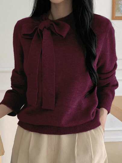 DAZY Novo Suéter de Tricô Casual com Laço em Cor Sólida para Mulheres, Outono