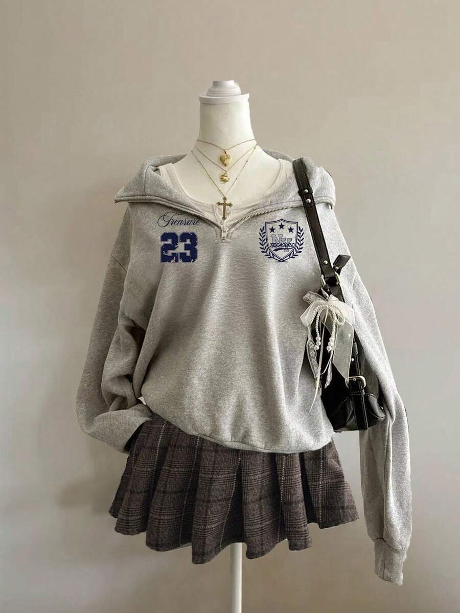 Attitoon 休闲复古街头风格女孩运动校队 23 号图案宽松半拉链高领运动衫,适合秋冬季、复古、性感、可爱、Y2K、椰子女孩、波西米亚风、嬉皮士、音乐节 - 灰色 - 查看 1