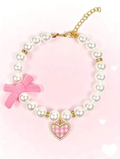PETSIN 1pc Adjustable Cute Bowknot & Heart-Shaped Cat/Dog Pearl Necklace Collar Pendant, Pet Puppy Kitten Decorative Accessories, Suitable For Valentine's Day Or Holidays