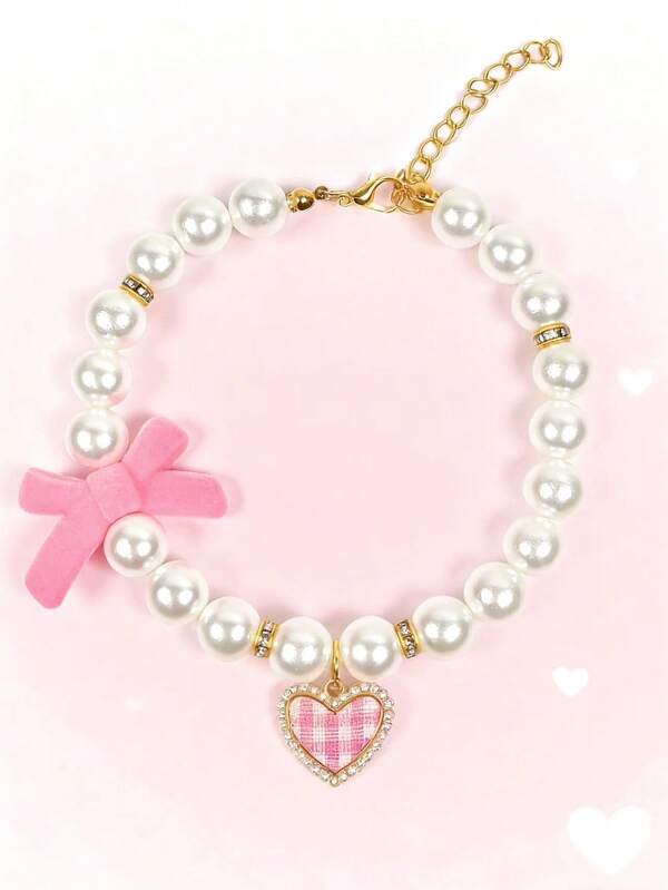 PETSIN 1pc Adjustable Cute Bowknot & Heart-Shaped Cat/Dog Pearl Necklace Collar Pendant, Pet Puppy Kitten Decorative Accessories, Suitable For Valentine's Day Or Holidays
