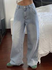 Livesso 休闲洗水宽松阔腿牛仔裤 - 藍色 - 查看 8