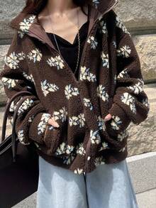 FRIFUL Women's Thermal Lined Brown Base Allover Floral Print Stand Collar Drop Shoulder Long Sleeve Drawstring Hem Zip Up Loose Casual Versatile Regular Jacket, Autumn Women Coats - Multicolor - View 4