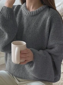 DAZY 女式纯色圆领落肩长袖休闲宽松套头毛衣，秋冬 - 深灰色 - 查看 3