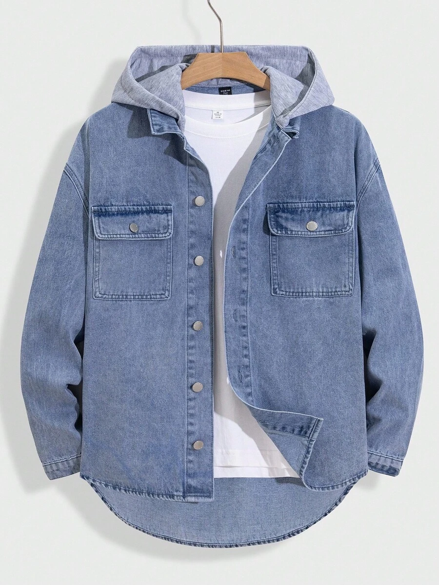 SHEIN 青少年男孩时尚休闲 Y2K 复古酷炫街头返校学院风蓝色牛仔灰色针织连帽宽松长袖牛仔外套，适合青少年男孩日常穿着，柔软舒适，也适合青少年男孩秋冬季派对、节日和街头服饰以及校园服装。