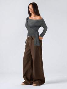 LYSMO 女士优雅通勤灰色不对称系带领 T 恤露肩裹身上衣，适合商务休闲、返校、毕业、街头服饰和斯德哥尔摩风格返校、秋季上衣 - 灰色 - 查看 6