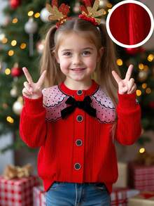 SHEIN Young Girls Red Knit Cardigan, Soft Knit Fabric, Delicate Skin-Friendly, Double-Layer Polka Dot Mesh Collar With Black Lace Trim, Black Bow Accent, Black Rimmed Buttons, Sweet And Exquisite Design, Suitable For Birthday Parties, Princess Themed Events, Moderate Thickness, Spring/Autumn