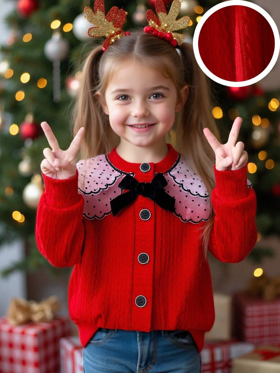 SHEIN Young Girls Red Knit Cardigan, Soft Knit Fabric, Delicate Skin-Friendly, Double-Layer Polka Dot Mesh Collar With Black Lace Trim, Black Bow Accent, Black Rimmed Buttons, Sweet And Exquisite Design, Suitable For Birthday Parties, Princess Themed Events, Moderate Thickness, Spring/Autumn