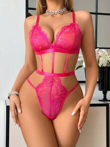 Classic Sexy Women's Hollow Out Design Spaghetti Strap French Lace Bodysuit Lingerie - Watermelon Pink - View 3