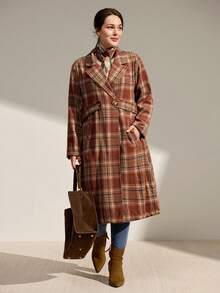 Momelise Plus Size Women Plaid Waist Strap Cinched Waist Pocket Casual Jacket, Autumn/Winter