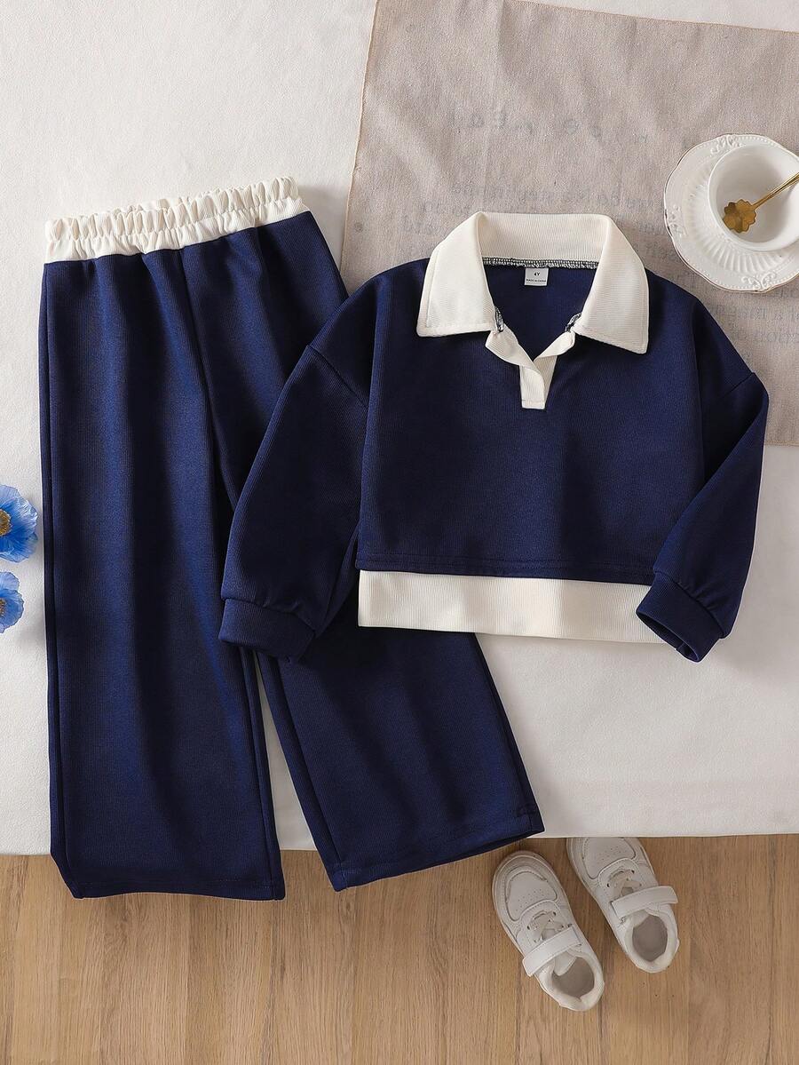 2件套年轻女孩时尚宽松运动衫和松紧腰阔腿裤套装，春秋 - 藏蓝色 - 查看 1