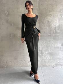 Firerie 女士优雅精致日常新款通勤简约时尚褶饰高腰金属装饰紧身长袖深棕色长裙 - 黑色 - 查看 4