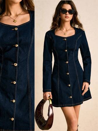 Poéselle 新款复古时尚纽扣腰牛仔连衣裙，长袖连衣裙，女士冬季连衣裙，纽扣连衣裙，女士牛仔连衣裙，长袖牛仔连衣裙，适合丰满女性，女士西装连衣裙，女士牛仔连衣裙