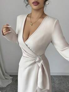 Rafferiza White Autumn Elegant V-Neck Long-Sleeved Dress,Fitted Waist With Circular Accessories,Chic Thanksgiving,New Year's Wear & Dining Party Stylish Dress - Apricot - View 6