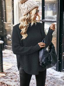 EMERY ROSE Casual Raglan Sleeve High Neck Curved Hem Sweater, Autumn/Winter - Dark Grey - View 5