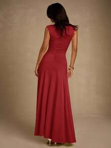 Glamine 女士优雅性感扭纹 V 领束腰长裙（浅黄色），适合派对、日常穿着、花园聚会 - 紅色 - 查看 2