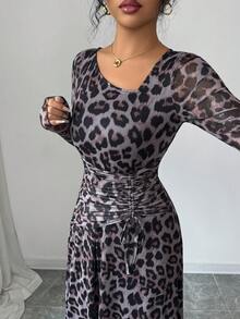 Elenzga 女士时尚通勤豹纹连衣裙 - 咖啡 - 查看 6