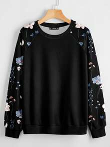EMERY ROSE Casual Minimalist Versatile Raglan Sleeve Ditsy Floral Plus Size Women Sweatshirt, Suitable For ,Spring