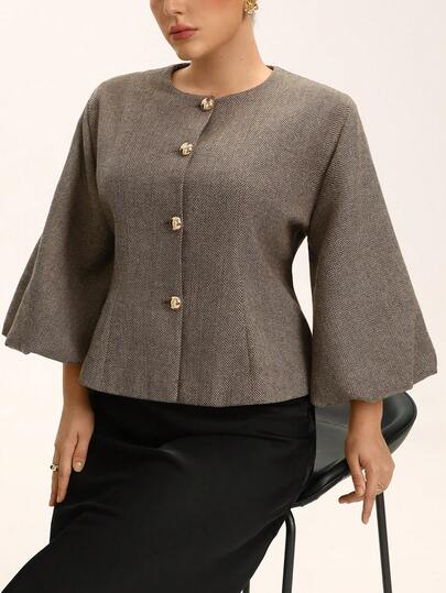 Aveloria Rosie 女士人字纹圆领优雅泡泡袖背心夹克