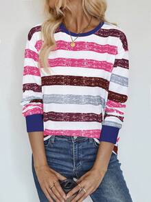 女士圆领长袖条纹休闲上衣，印花T恤，适合春季和圣诞节穿着。 - 彩色 - 查看 6