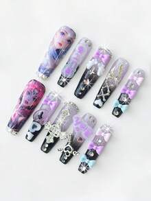 ROMWE Kawaii 10 móng tay giả chất lượng cao hình cánh chim dễ thương, nốt nhạc, viền ren ngôi sao, chấm bi vẽ tay + 3 miếng dán hai mặt, móng tay giả hình quan tài có thể tháo rời và tái sử dụng, miếng dán móng tay hình nơ, thích hợp cho ngày lễ, tiệc tùng, khiêu vũ và đeo hàng ngày - Nhiều màu - Xem 2