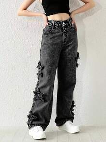 SHEIN Sparklyn Tween Girls Y2K 风格粉色星星刺绣阔腿牛仔裤，时尚街头休闲百搭时尚女孩必备单品，适合所有季节 - 淺灰色 - 查看 6