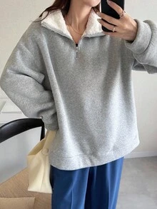 FRIFUL Sweat-shirt-shirt décontracté à manches longues, col zippé, doublé thermique, coupe ample et épaules tombantes pour femmes. Polyvalent pour l'automne. - Gris - Voir 4