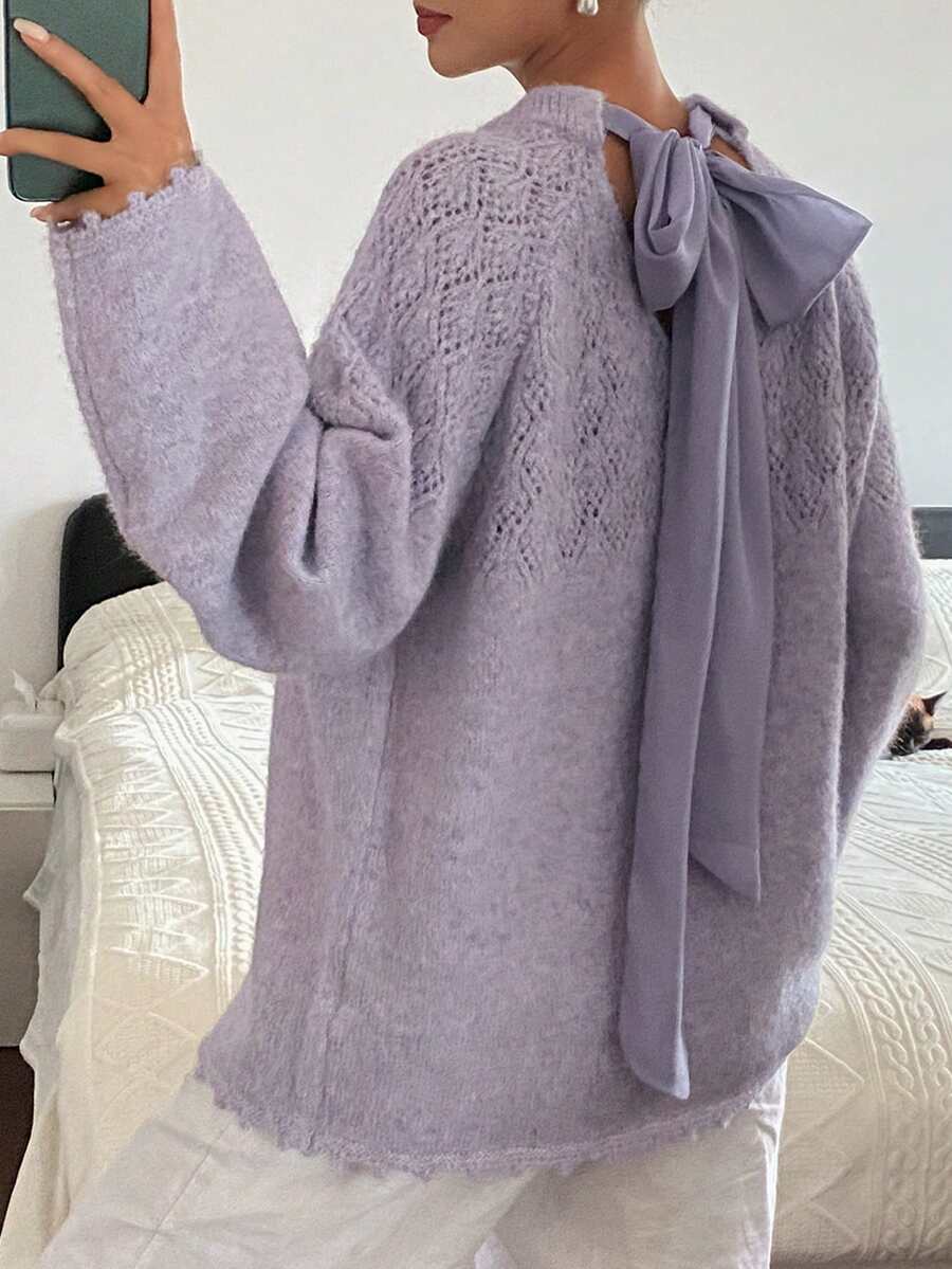 Livesso 女士休闲毛衣，后背饰有蝴蝶结，秋季款 - 紫色 - 查看 1