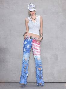 ROMWE J-Fashion Y2K Distressed Low-Rise Women's Super Low Waist Jeans With Flag & Star Print