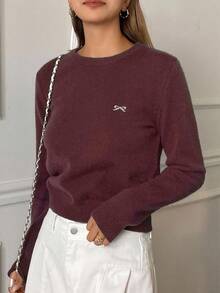 DAZY 秋季新款女式刺绣蝴蝶结针织毛衣 - 酒紅色 - 查看 5