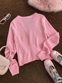 SHEIN Unity Women's Pink Wool Blend Cardigan,Warm & Comfortable,Casual,Autumn,Smart Casual,Sweet,School,Back-To-School,Retro Academic Vibe,V Neck,Tie Front - Pink - View 6