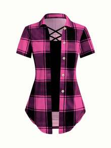 EMERY ROSE AB 拼接领翻领二合一格子短袖 T 恤图案 T 恤女上衣 - 中紫紅色 - 查看 6