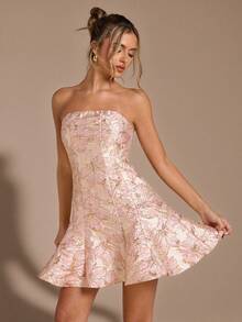 SHEIN BAE 女士秋冬纯色纹理花卉露肩修身迷你提花连衣裙，3D花卉装饰，奢华派对/宴会/茶会礼服，法式露背镂空优雅公主裙，性感优雅，适合秋冬女士礼服，生日，婚礼宾客服装，早午餐优雅礼服 - 粉色 - 查看 5