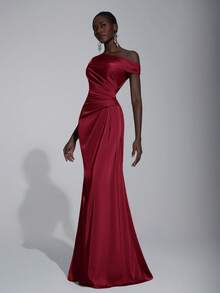Elitara Váy đuôi cá trễ vai bằng vải satin nhún bèo sang trọng, thanh lịch, phù hợp cho đám cưới, tiệc tùng, kỳ nghỉ, dạ hội, váy phù dâu - Màu Đỏ Sâu - Xem 5