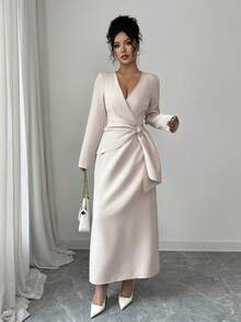 Rafferiza White Autumn Elegant V-Neck Long-Sleeved Dress,Fitted Waist With Circular Accessories,Chic Thanksgiving,New Year's Wear & Dining Party Stylish Dress - Apricot - View 5