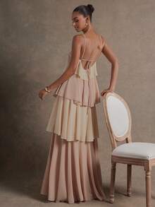 L'Amorae 女式拼色荷叶边下摆优雅长款露背连衣裙 - 彩色 - 查看 2