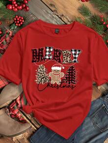 SHEIN EZwear Lässiges, lockeres Damen-T-Shirt mit weihnachtlichem Lebkuchenmann- und Weihnachtsbaum-Motiv, Rundhalsausschnitt und kurzen Ärmeln, geeignet für Sommer und Weihnachten. Rotes Oberteil