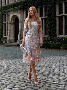 FLORETTA ÉLENA 女士方领优雅刺绣花卉手工 A 字连衣裙（印花不对称剪裁） - 淡紫色 - 查看 11