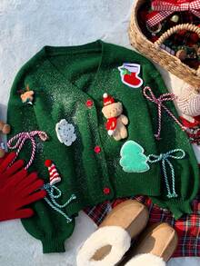 Comfortcana Women's Christmas Tree Pattern Long Sleeve Knitted Cardigan, Autumn/Winter Christmas - Green - View 1