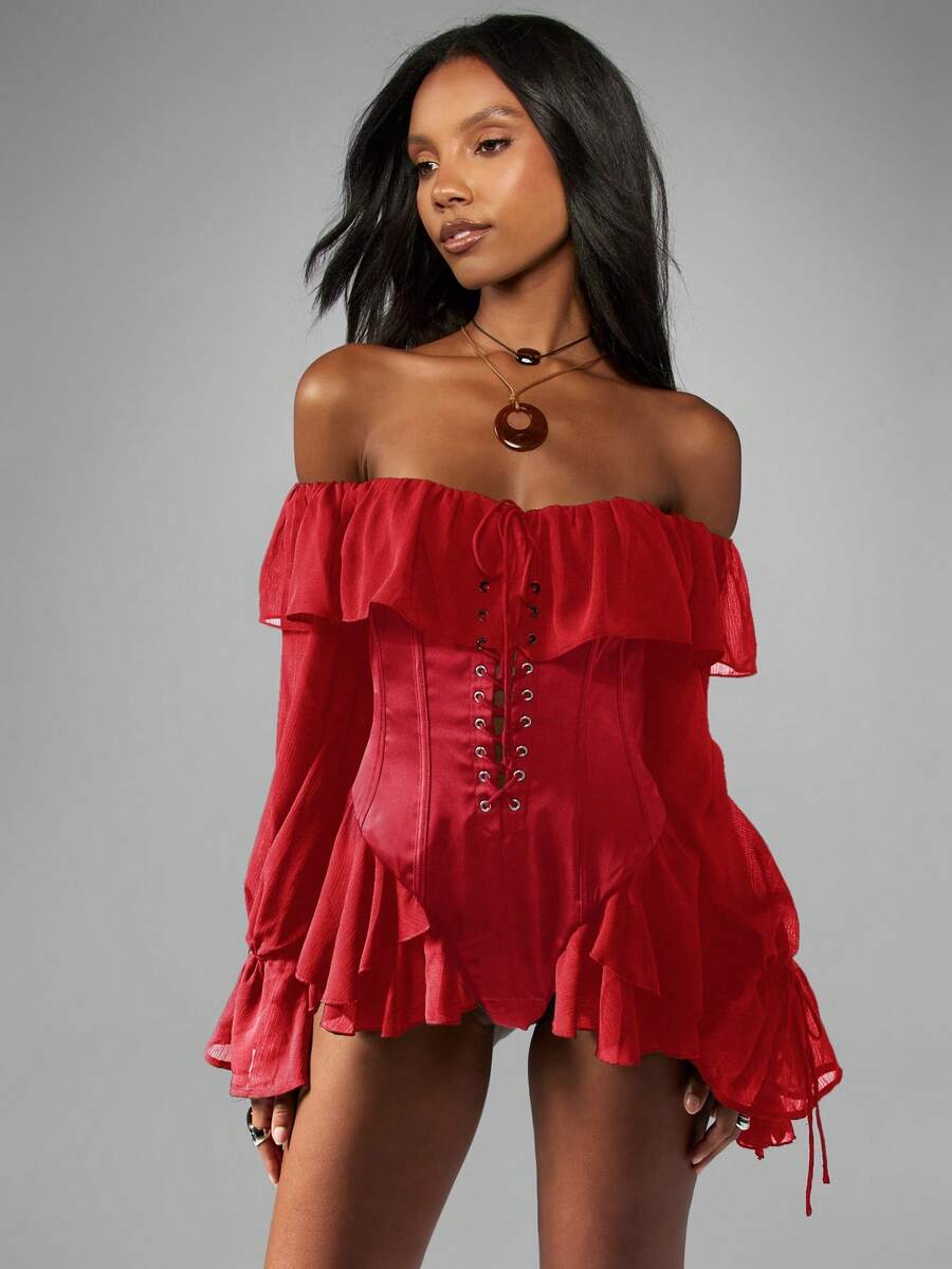 MISSGUIDED Off Shoulder Chiffon Ruffle Bodysuit With Lace Up Corset Detail Long Sleeve - Red - View 1