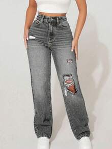 SHEIN PETITE Women's Distressed Denim Jeans, Fashion Summer Pants ,Petite Women - Light Grey - View 3