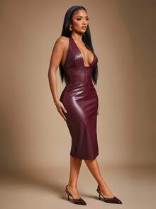 Radiana 女士性感优雅的安哥拉红色 PU 紧身迷你连衣裙，勃艮第红吊带中长连衣裙，弹力 PU 材质紧贴曲线，适合派对、俱乐部、夜生活、日常穿着、圣诞节、新年、节日 - 酒紅色 - 查看 6