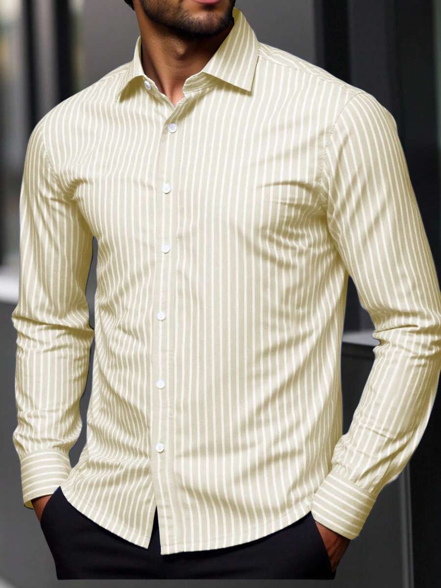 Manfinity Homme Plus Size Men's Casual Loose Striped Long Sleeve Shirt, Fall - Beige - View 1