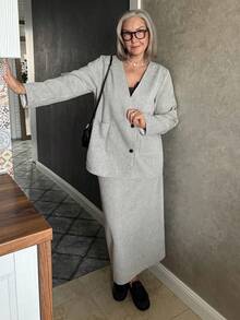 Livesso Conjunto de 2 piezas de chaqueta y falda de mezcla de lana de espiga para mujer